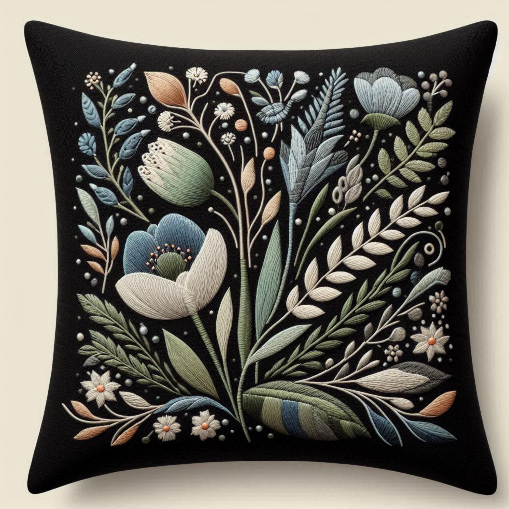 Embroidered linen pillow with botanical motif